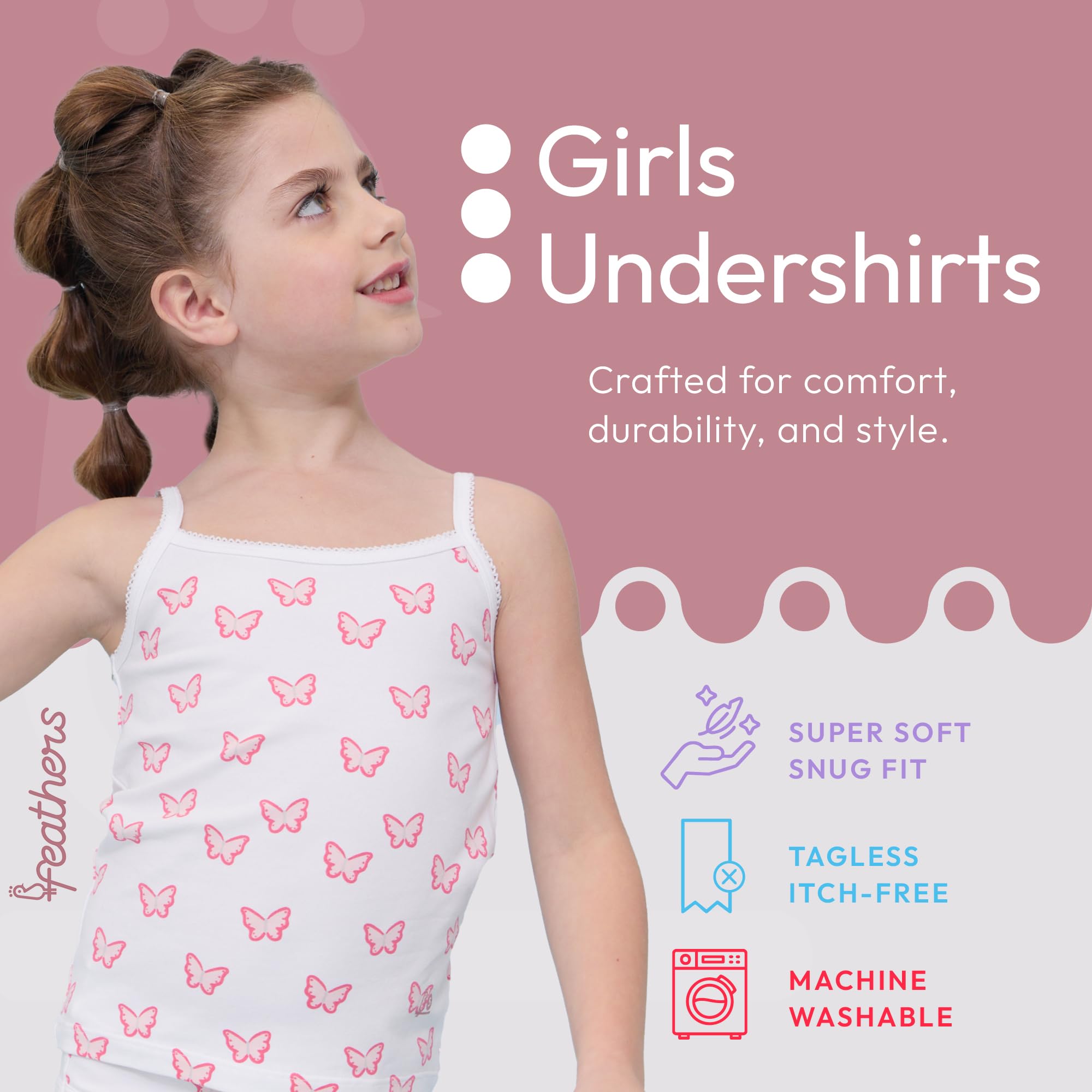 Feathers Butterfly + Stripe Super Soft Girls Undershirts Tagless Camisoles – Cotton Cami Girls Tank Tops (3 Pack) - Image 3
