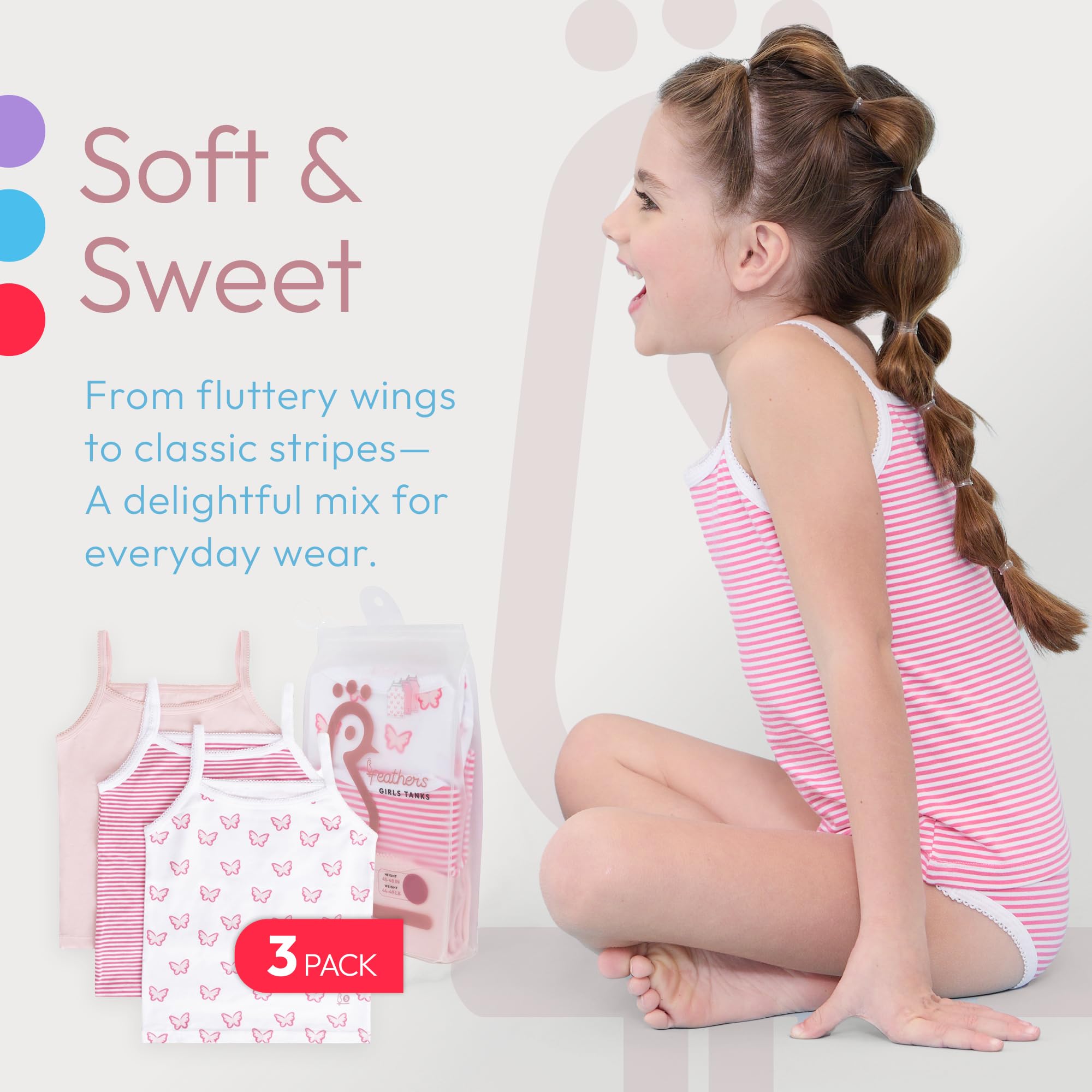 Feathers Butterfly + Stripe Super Soft Girls Undershirts Tagless Camisoles – Cotton Cami Girls Tank Tops (3 Pack) - Image 4
