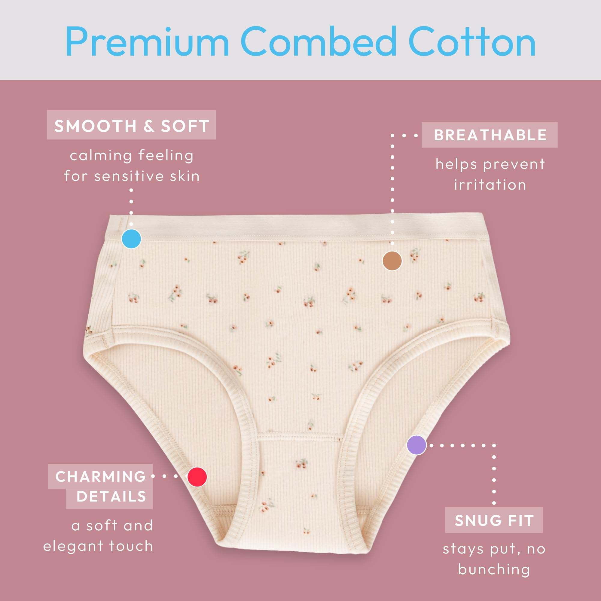 Feathers Floral Print Snug Tagless Cotton Underwear – Girls Underwear Briefs Super Soft Panties (3 Pack) - Image 4