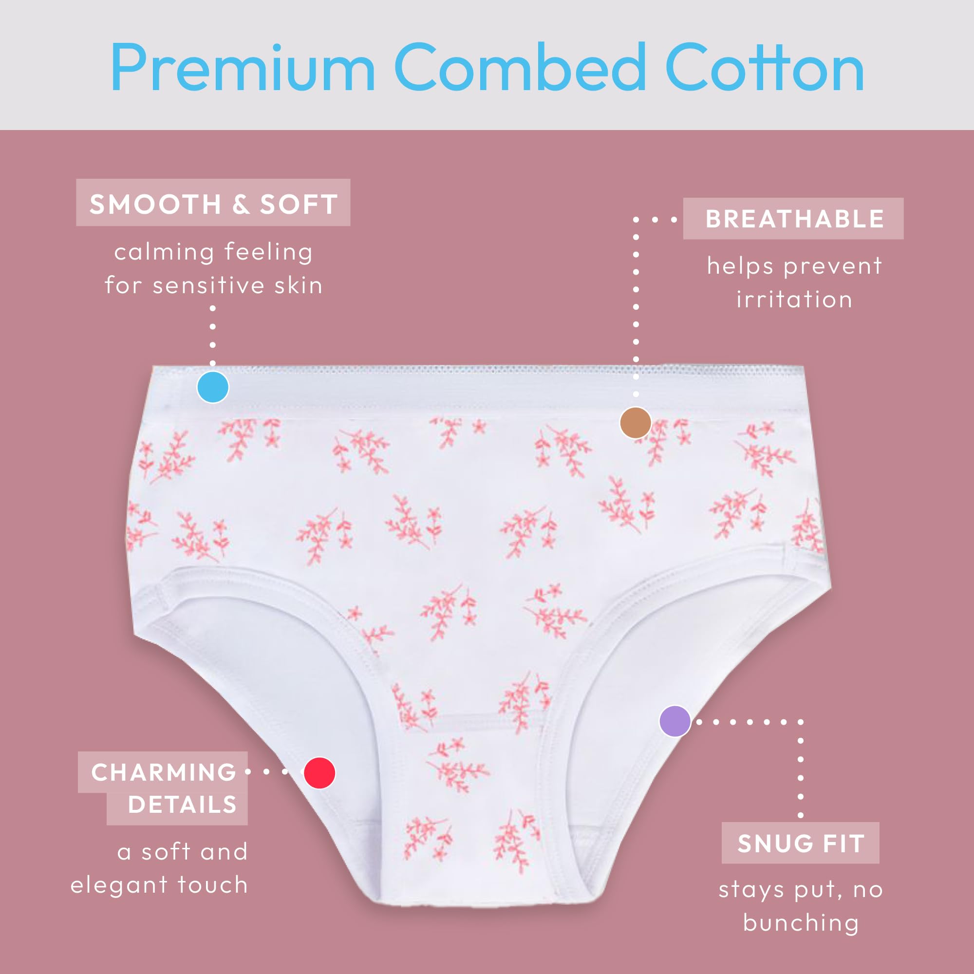 Feathers Leafy Print Snug Tagless Cotton Underwear – Girls Underwear Briefs Super Soft Panties (5 Pack) - Image 3