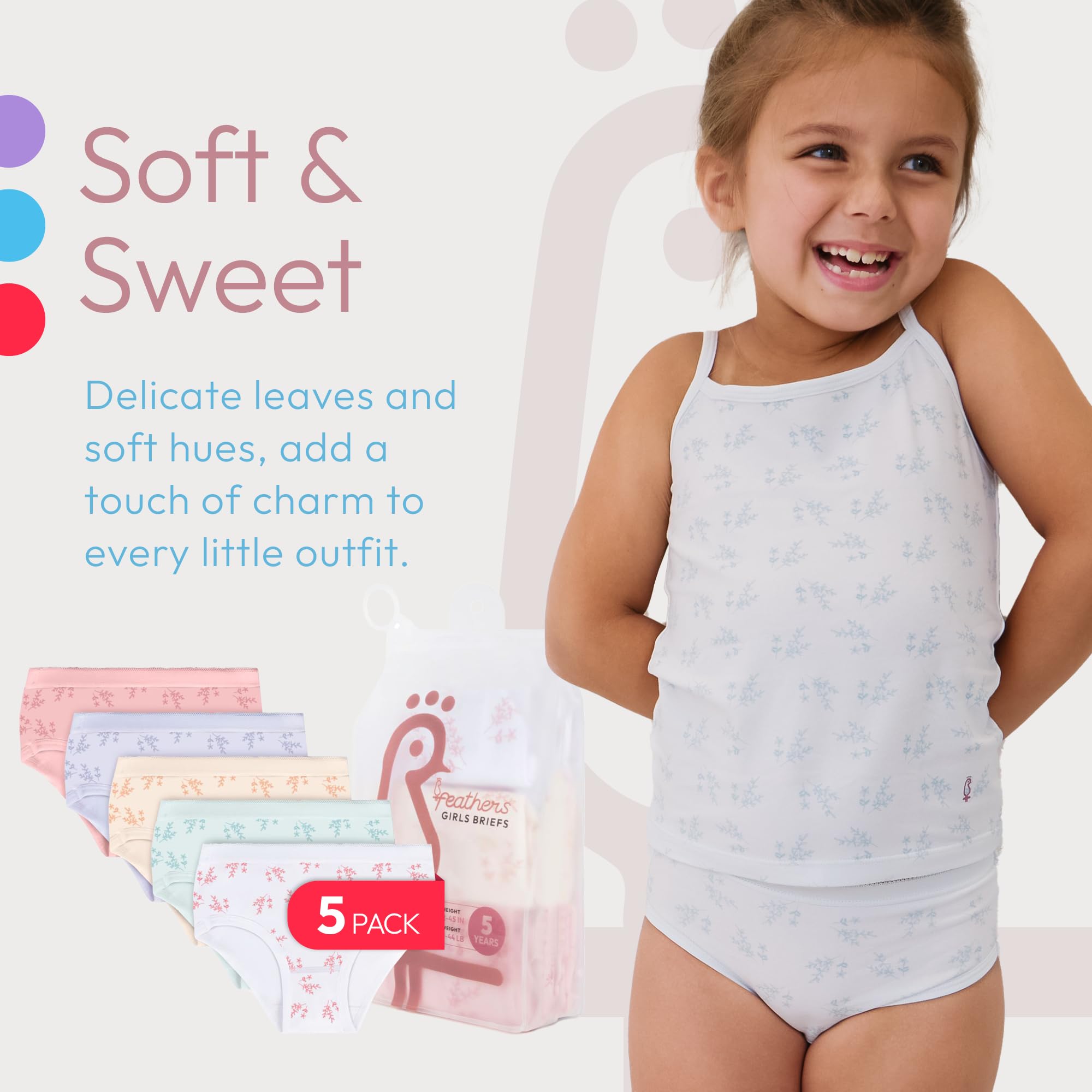 Feathers Leafy Print Snug Tagless Cotton Underwear – Girls Underwear Briefs Super Soft Panties (5 Pack) - Image 5