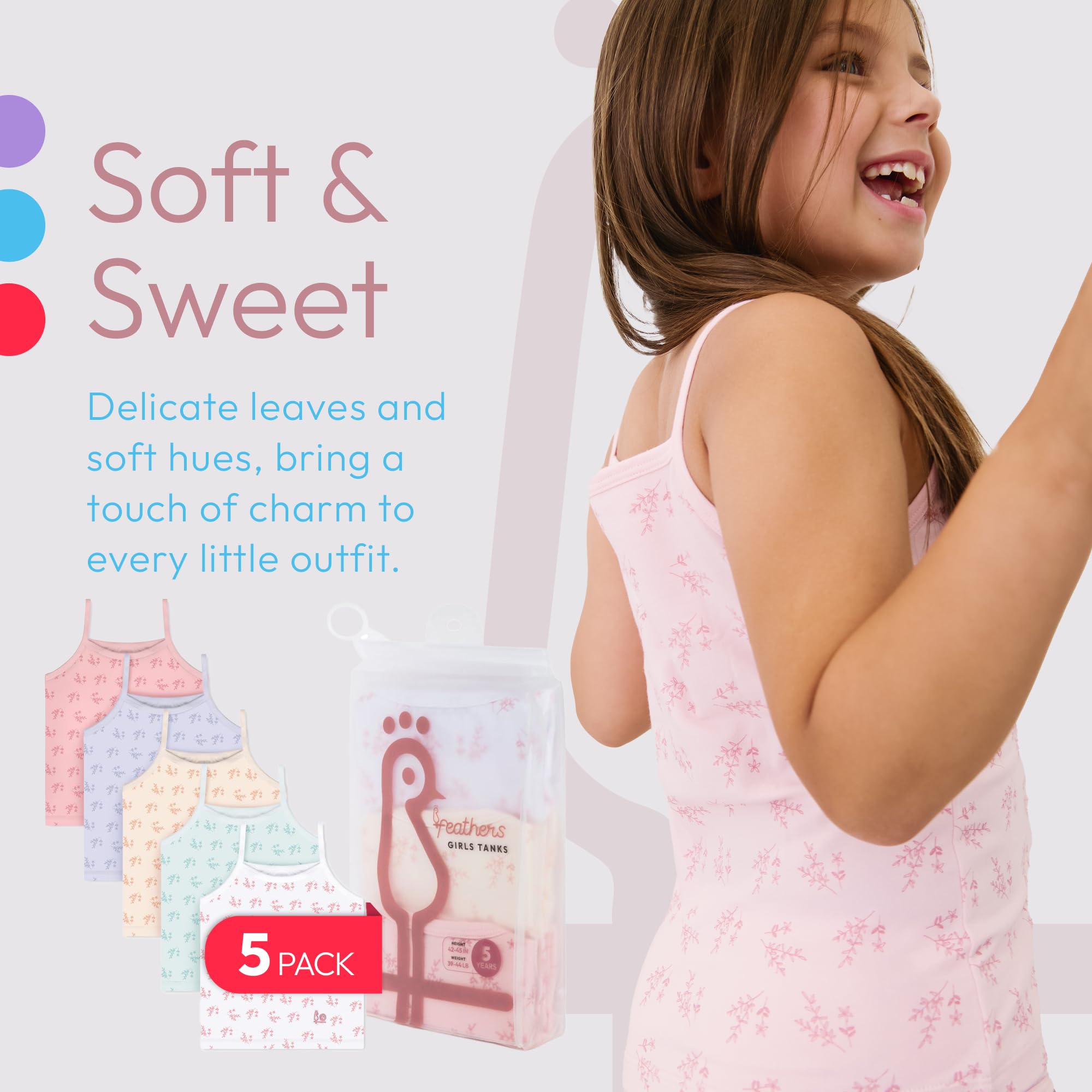 Feathers Leafy Style Super Soft Girls Undershirts Tagless Camisoles – Cotton Cami Girls Tank Tops (5 Pack) - Image 4