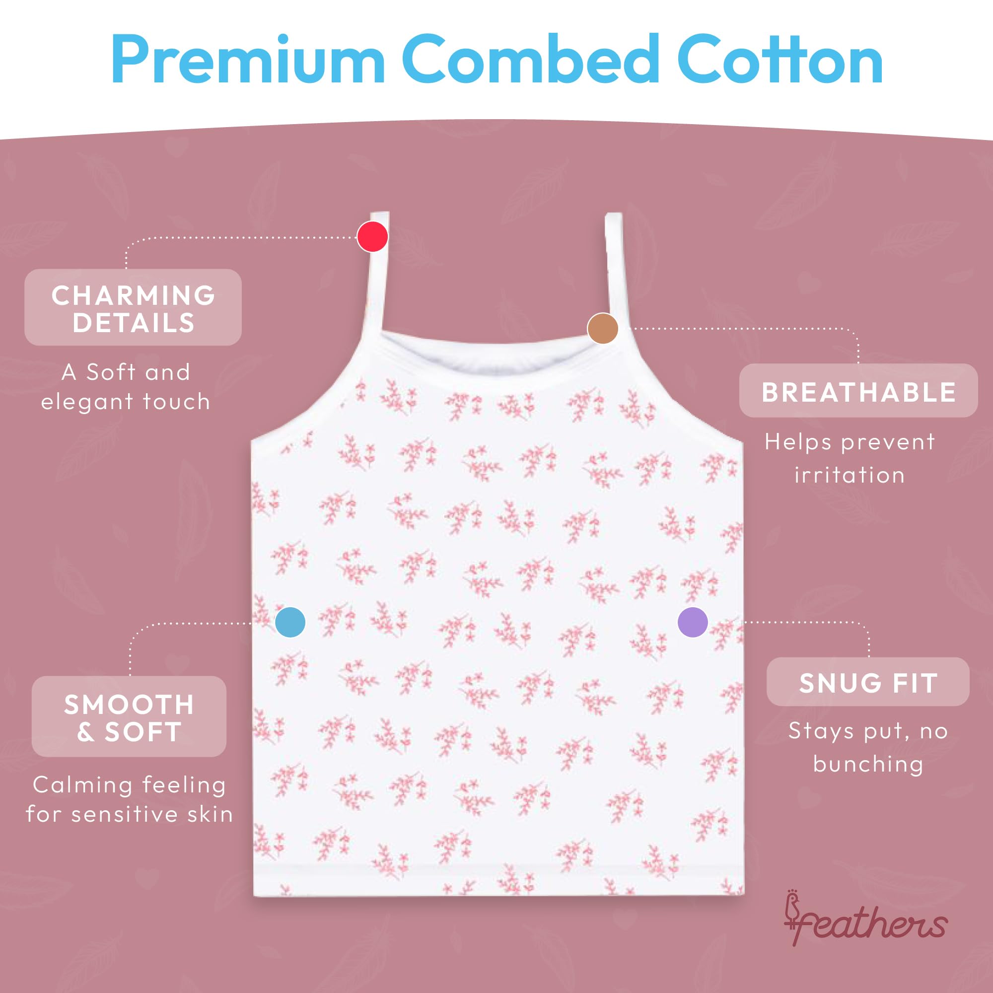 Feathers Leafy Style Super Soft Girls Undershirts Tagless Camisoles – Cotton Cami Girls Tank Tops (5 Pack) - Image 3