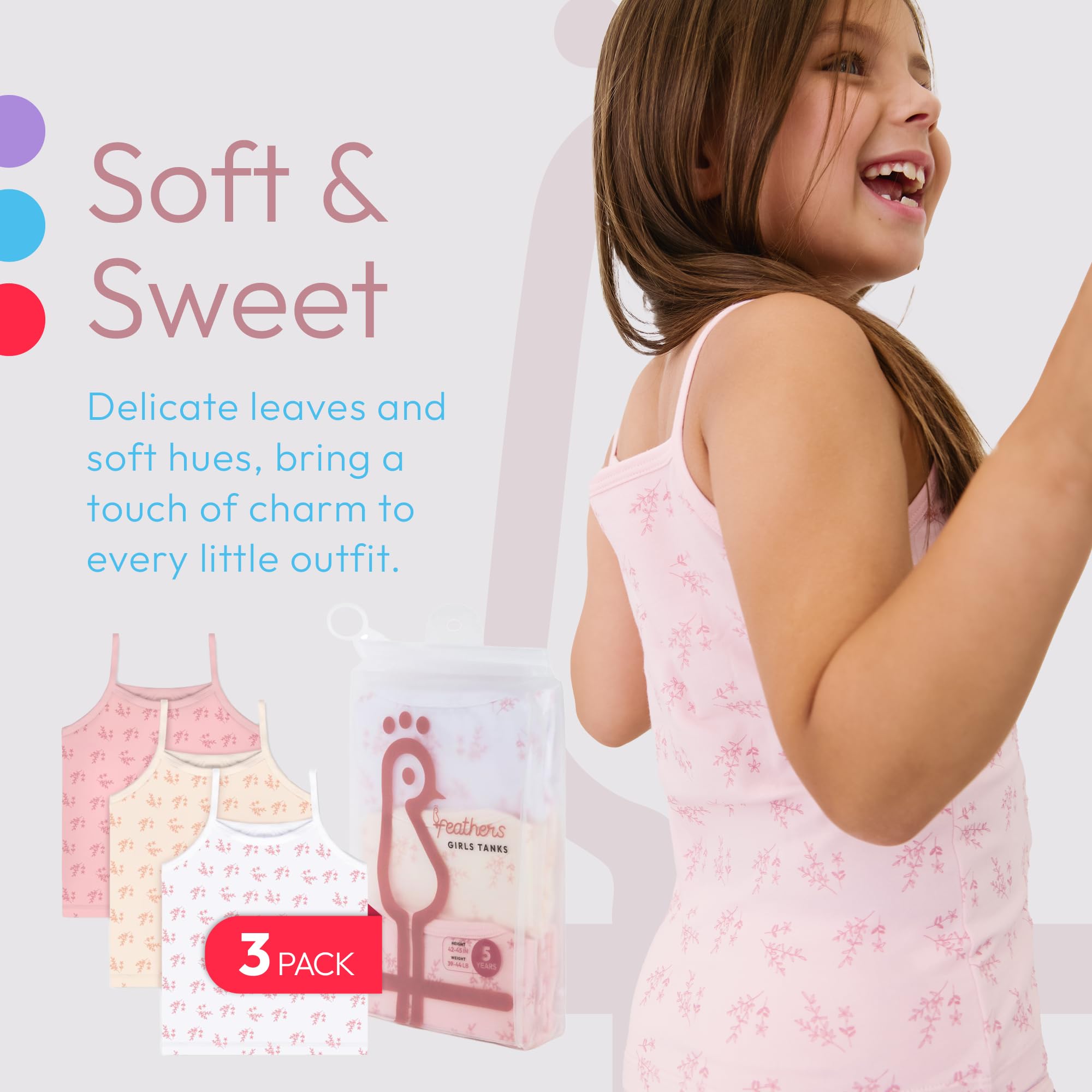 Feathers Leafy Style Super Soft Girls Undershirts Tagless Camisoles – Cotton Cami Girls Tank Tops (3 Pack) - Image 4