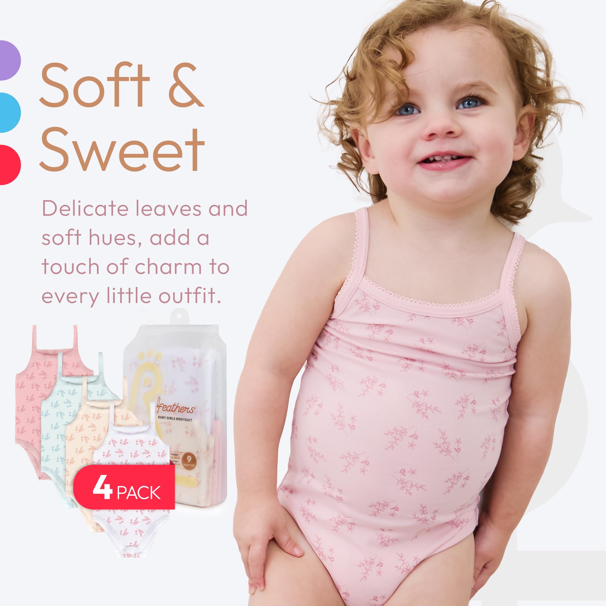 Feathers Leafy Style Tank Top Bodysuits Baby Girl Undershirts – Super Soft One-Piece for Toddler (4 Pack) - Image 4