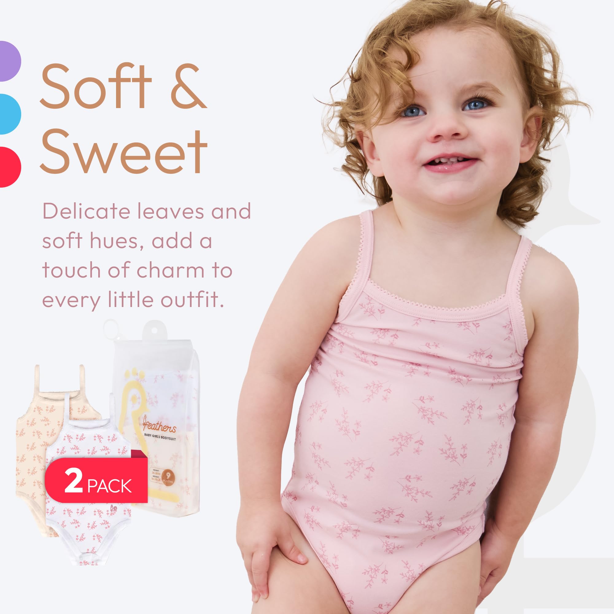 Feathers Leafy Style Tank Top Bodysuits Baby Girl Undershirts – Super Soft One-Piece for Toddler (2 Pack) - Image 4