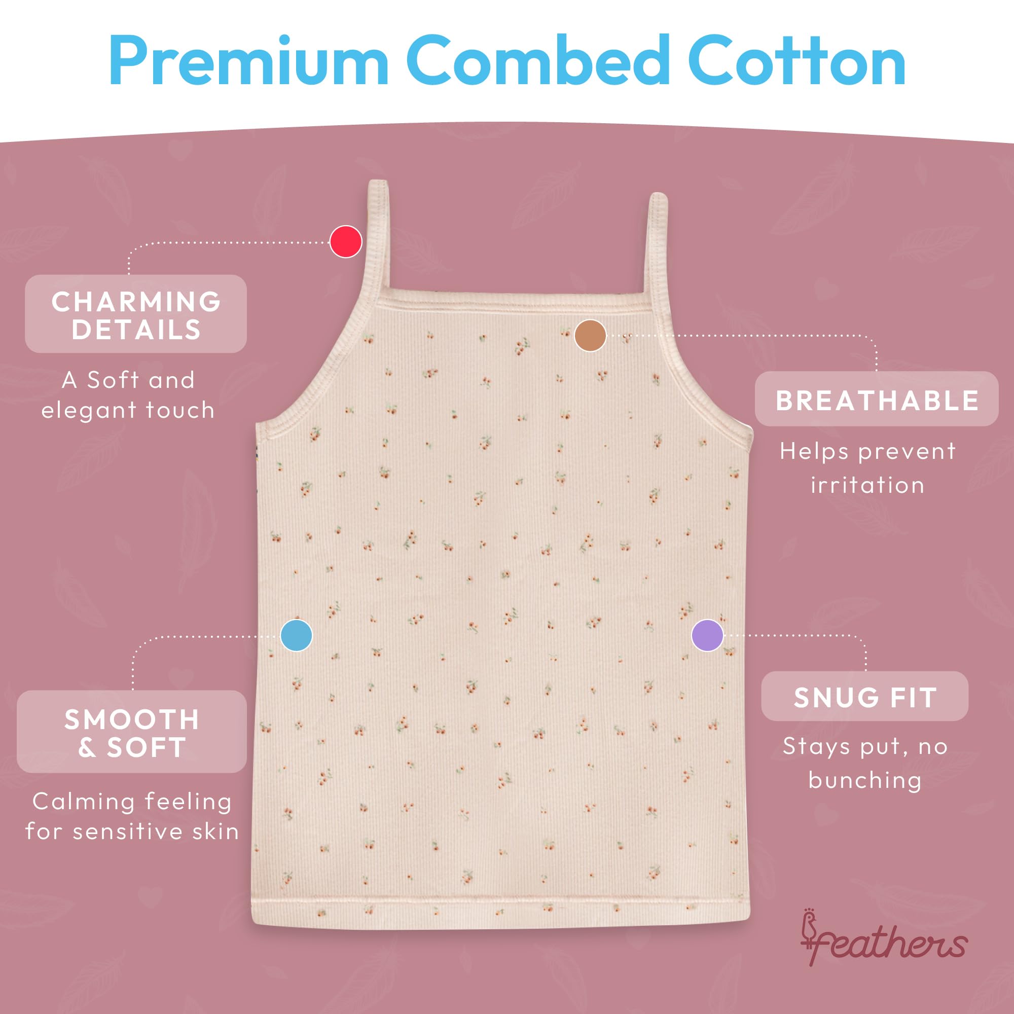Feathers Super Soft Girls Undershirts Tagless Camisoles – Cotton Cami Girls Tank Tops (3 Pack) - Image 3